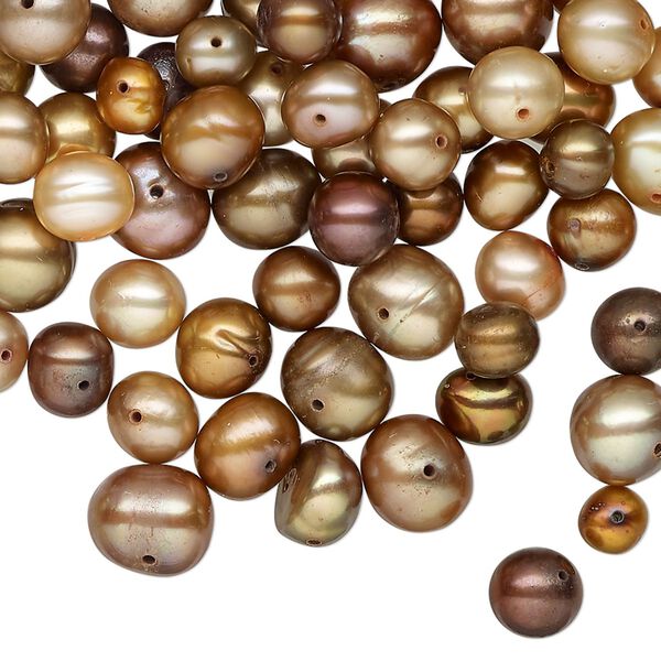 Pearl mix, cultured freshwater pearl (dyed), multi-brown, 4mm-14x12mm semi-round, Mohs hardness 2-1/2 to 4. Sold per 2-ounce pkg, approximately 120 beads. image number 0