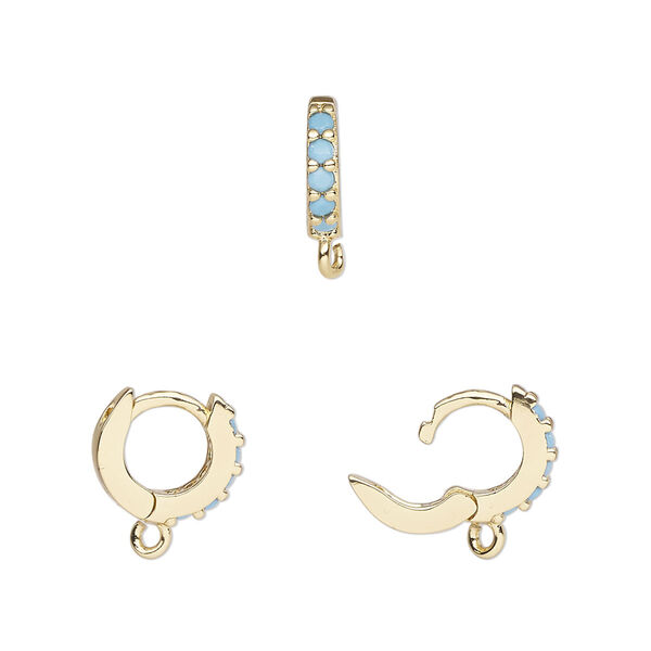 Hoop, gold-finished brass and glass, turquoise blue, 11mm hoop, 18 gauge. Sold per pair. image number 0