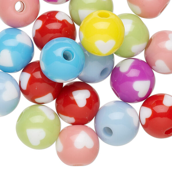 Bead mix, resin, multicolored, 11mm round with heart design. Sold per pkg of 20. image number 0