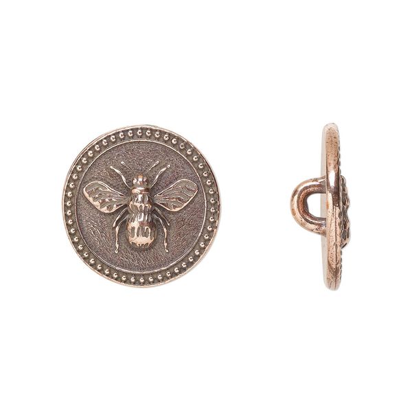 Button, TierraCast®, antique copper-plated pewter (tin-based alloy), 15mm beaded flat round with bee and closed loop. Sold per pkg of 2. image number 0