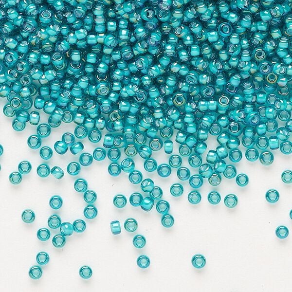 Seed bead, Miyuki, glass, pkg/250g, #11 rocaille, translucent white-lined luster teal, (RR-3765). image number 0