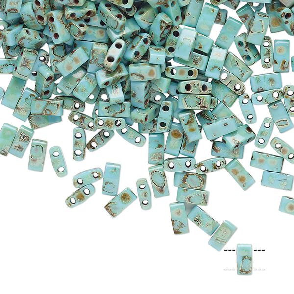 Seed bead, TILA®, glass, pkg/40g, 5x2.3mm half tila rectangle, opaque Picasso antique turquoise blue, (HTL-4514). image number 0
