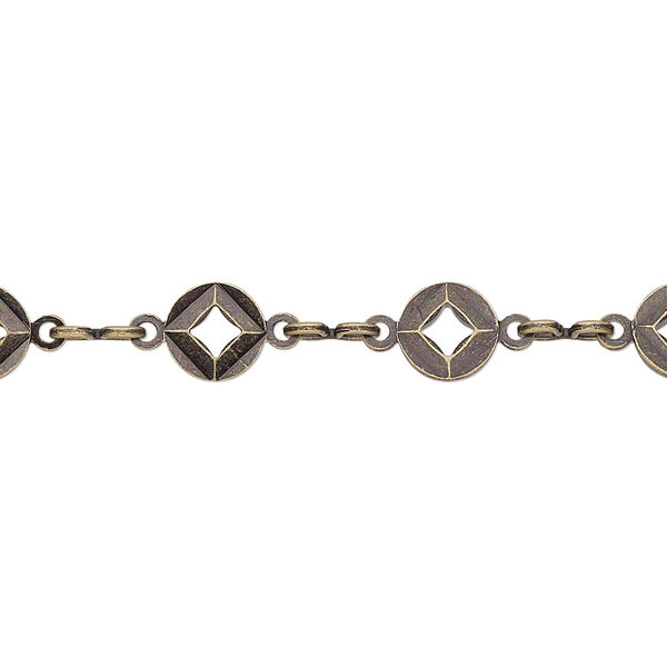 Chain, antique gold-plated brass, 5.5mm flat round with diamond cutout. Sold per pkg of 5 feet. image number 0