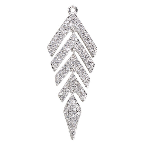 Focal, cubic zirconia and silver-plated brass, clear, 51.5x19.5mm single-sided feather. Sold individually. image number 0