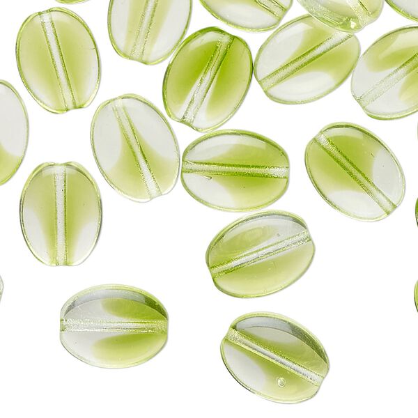 Bead, pressed glass, transparent clear and green, 12x9mm puffed oval. Sold per pkg of 50. image number 0