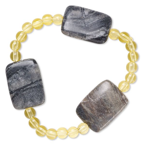 Bracelet, stretch, Picasso marble (natural) and acrylic, yellow, 5mm round and 30x20mm-30x21mm flat rectangle, 6-1/2 inches. Sold individually. image number 0