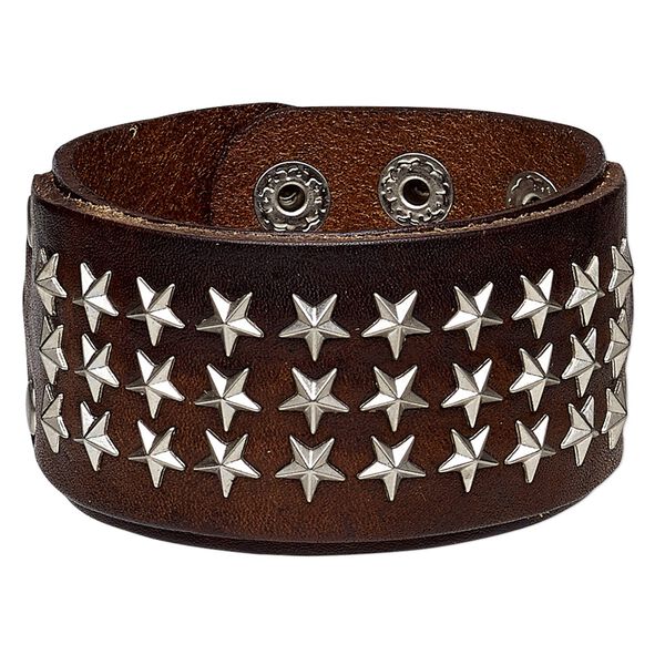Bracelet, leather (dyed) with silver-plated steel and "pewter" (zinc-based alloy), brown, 41mm wide with star studs, adjustable from 5-7 inches with double snap closure. Sold individually. image number 0