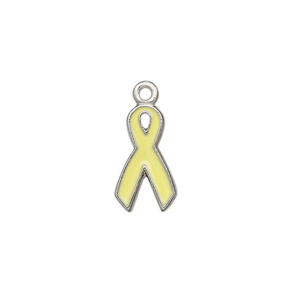 Charm, antiqued pewter (tin-based alloy), yellow, 16x9mm awareness ribbon. Sold per pkg of 2. image number 0