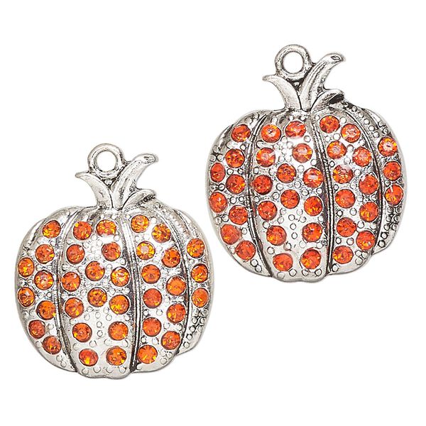 Charm, antique silver-finished "pewter" (zinc-based alloy) and glass, orange, 25x23mm single-sided pumpkin. Sold per pkg of 2. image number 0