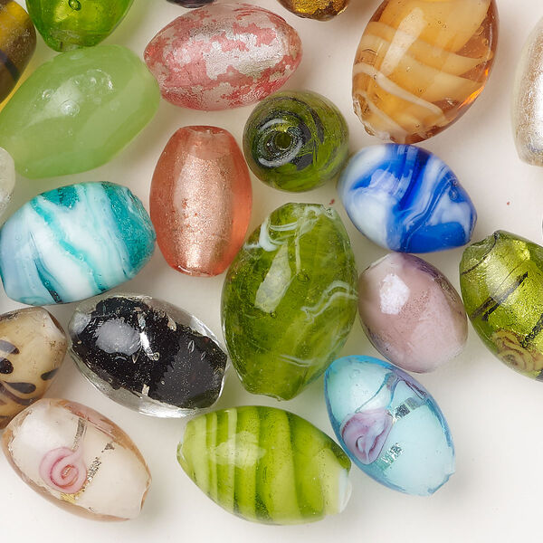 Bead mix, lampworked glass, pkg/4 ounces, opaque to transparent mixed colors with silver-colored foil and copper-colored glitter, 9x7mm-22x14mm oval. image number 0