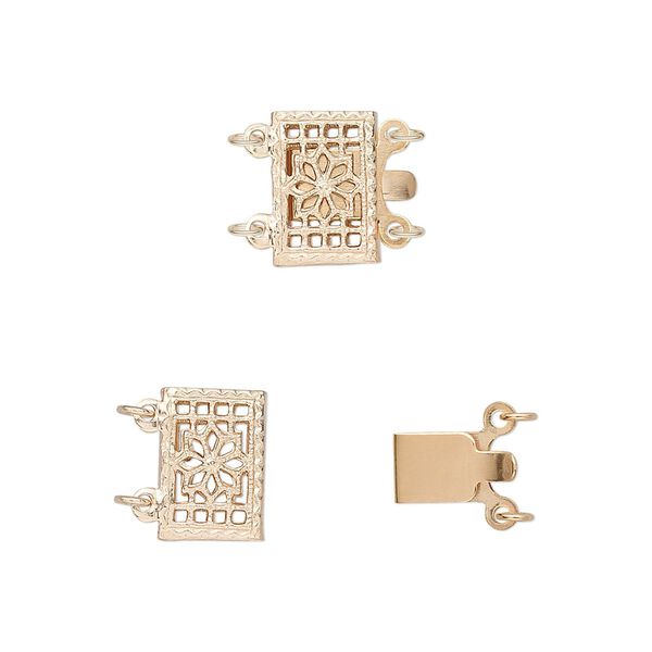 Clasp, 2-strand tab, 14Kt gold-filled, 10x7mm rectangle with cutout flower design. Sold individually. image number 0