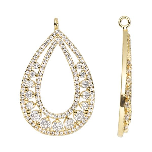 Focal, cubic zirconia and gold-finished brass, clear, 31x21.5mm single-sided open teardrop. Sold individually. image number 0