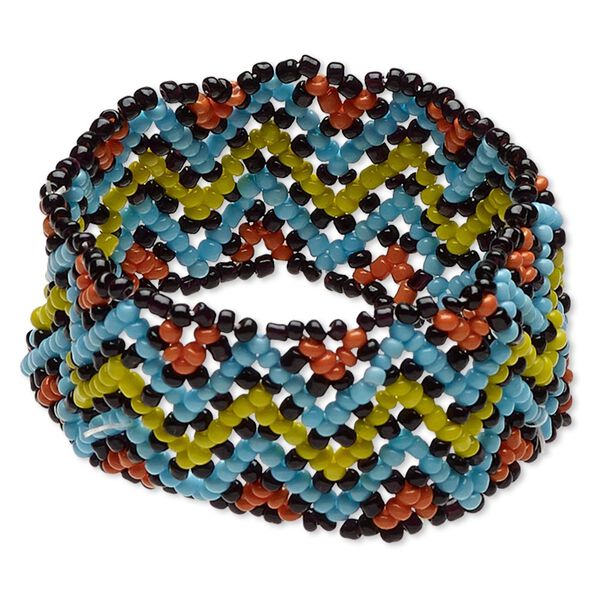 Bracelet, stretch, glass, multicolored, 26mm wide with seed bead, 6-1/2 inches. Sold individually. image number 0
