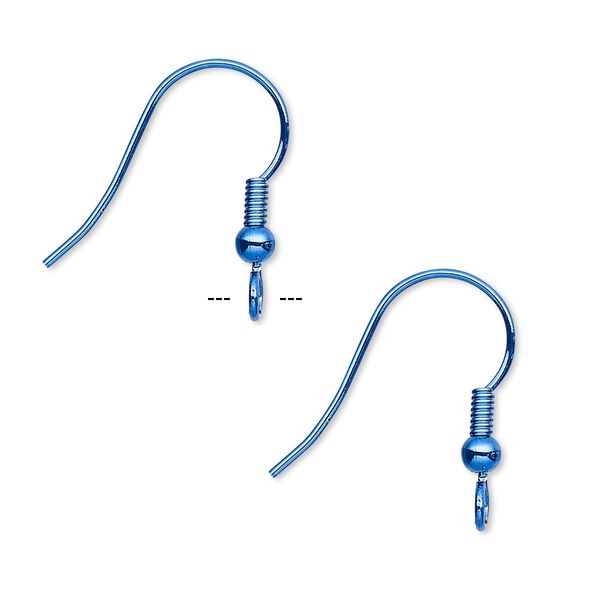 Ear wire, electro-coated brass, blue, 19mm fishhook with 3mm ball and 4mm coil with open loop, 21 gauge. Sold per pkg of 5 pairs. image number 0