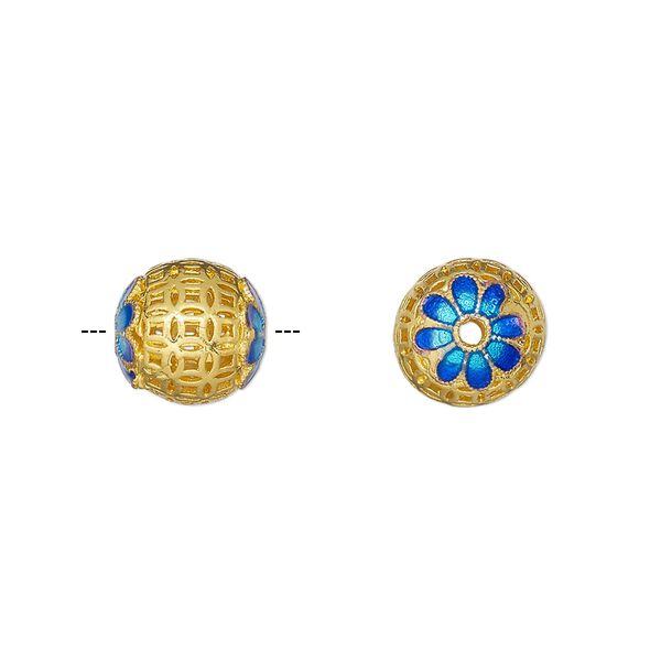 Bead, gold-finished brass and enamel, light blue and blue, 10mm round with filigree and flower design. Sold individually. image number 0