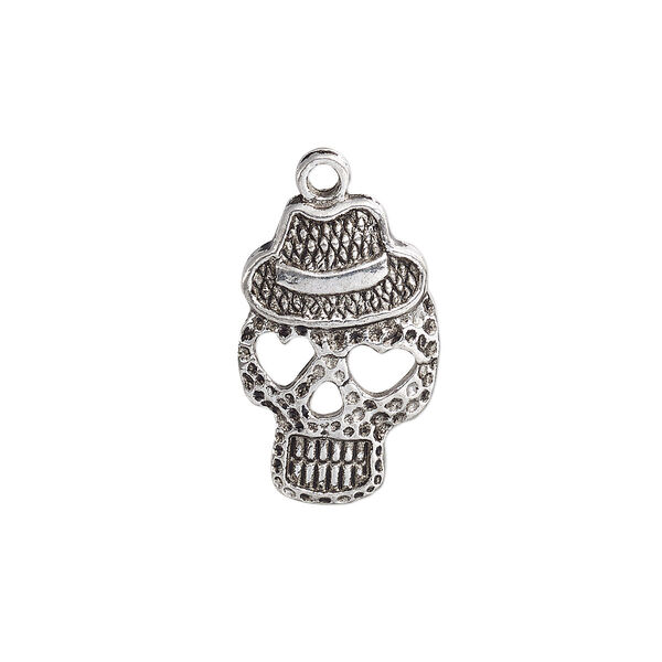 Charm, antique silver-plated "pewter" (zinc-based alloy), 22.5x14.5mm single-sided skull with hat and heart eyes. Sold per pkg of 10. image number 0