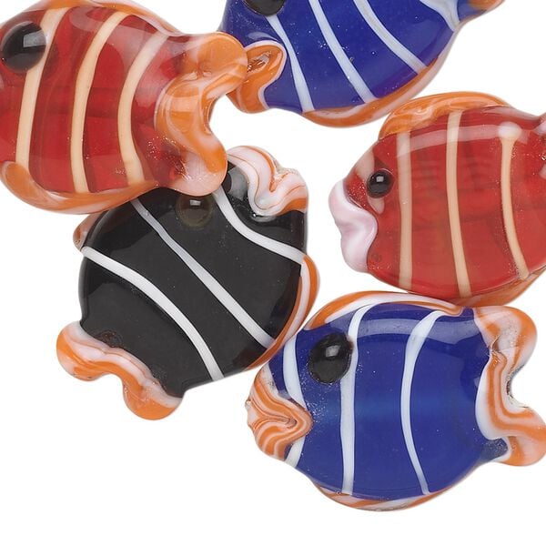 Bead, lampworked glass, multicolored, 24x19mm fish. Sold per pkg of 6. image number 0