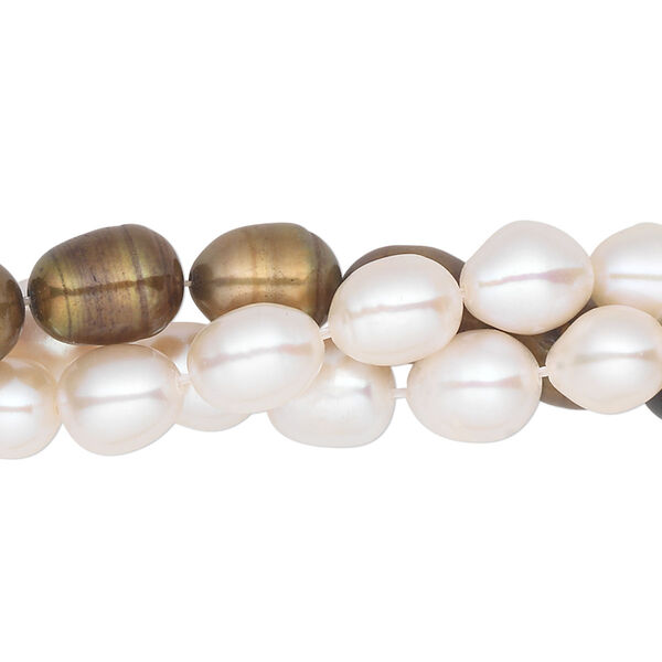 Pearl mix, cultured freshwater (bleached / dyed), white and copper, 6-8mm rice, C+ grade, Mohs hardness 2-1/2 to 4. Sold per pkg of (3) 14-inch strands. image number 0
