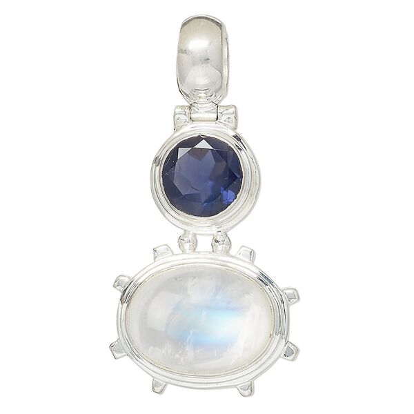 Pendant, rainbow moonstone (natural) / iolite (natural) / sterling silver, 40x26mm oval. Sold individually. image number 0