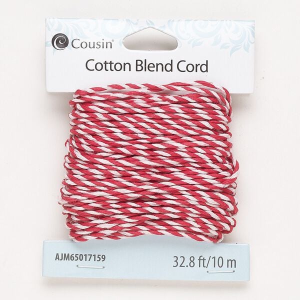 Cord, cotton, red and white, 1.5mm twisted. Sold per 10-meter pkg. image number 0