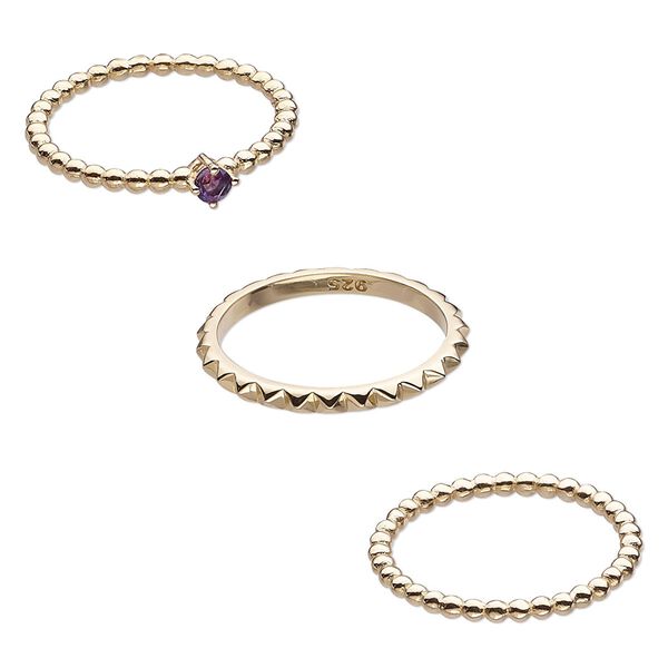 Ring, amethyst (natural) and gold-finished sterling silver, 2mm wide spiked band / 2mm / 4mm wide beaded band, size 8. Sold per 3-piece set. image number 0