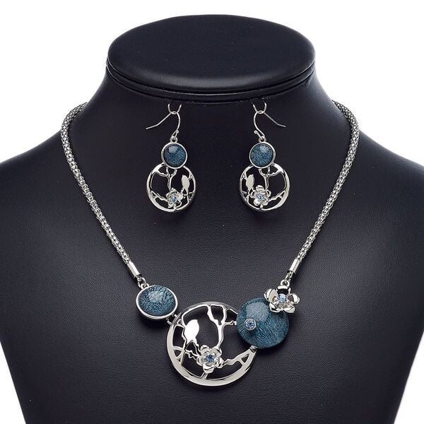 Necklace and earring set, acrylic / glass rhinestone / imitation rhodium-plated steel / brass / "pewter" (zinc-based alloy), blue and blue-grey, round and flower, 18-inch necklace with 2-inch extender chain and lobster claw clasp, 39mm earrings with fishhook ear wire. Sold per set. image number 0