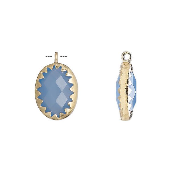 Drop, chalcedony (dyed) and gold-finished sterling silver, blue, 15x11mm double-sided faceted oval. Sold individually. image number 0
