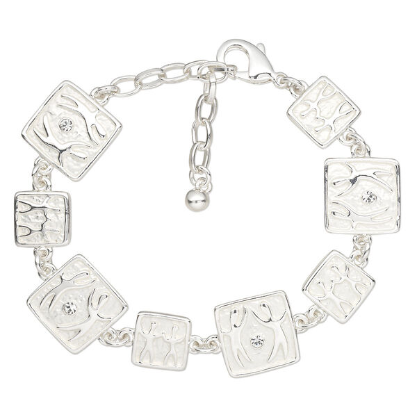 Bracelet, glass rhinestone with silver-finished steel and "pewter" (zinc-based alloy), clear, 6x6mm and 10x10mm square with smooth and textured people design, 6-1/2 inches with lobster claw clasp and 3-inch extender chain. Sold individually. image number 0