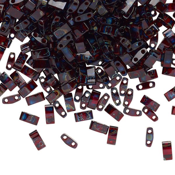 Seed bead, TILA®, glass, pkg/40g, 5x2.3mm half tila rectangle, translucent Picasso red, (HTL-4504). image number 0