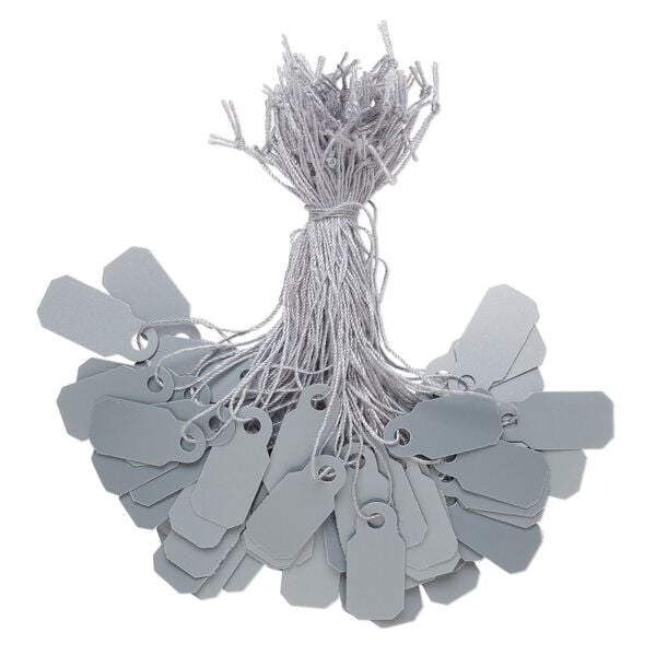 Tag, PVC plastic and cotton, silver, 4/5 x 2/5 inch. Sold per pkg of 100. image number 0
