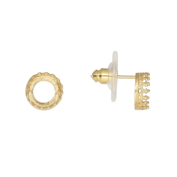 Earstud 1pkg2 JBB Findings gold-plated, 9mm round / SS39 rivoli bezel setting / comfort clutch, brass / acrylic clear 1 pair image number 0