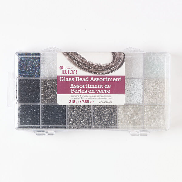 Seed bead mix, glass, pkg/7.69ounce, 15/0 - 8/0 round, opaque to transparent black, white, grey and clear. image number 0