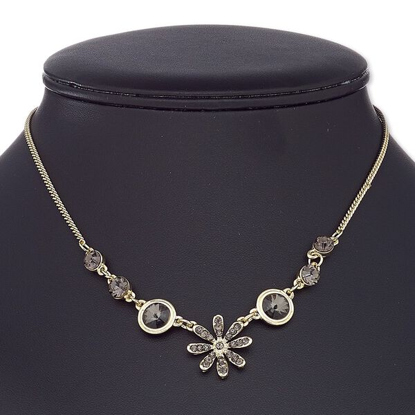 Necklace, glass rhinestone / gold-coated plastic / gold-finished steel / "pewter" (zinc-based alloy), grey, flower, 16 inches with 2-inch extender chain and lobster claw clasp. Sold individually. image number 0