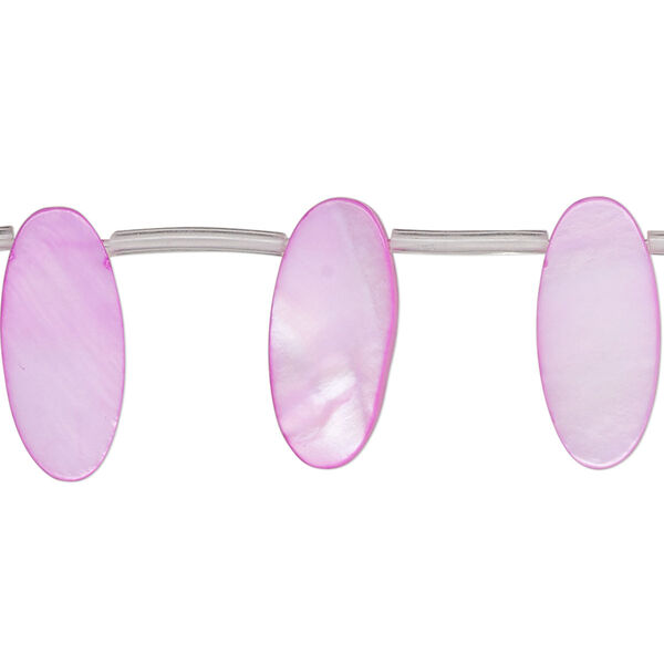 Bead, mother-of-pearl shell (dyed), pink, 18x7mm-19x8mm top-drilled flat oval, Mohs hardness 3-1/2. Sold per 15-inch strand, approximately 15 beads. image number 0