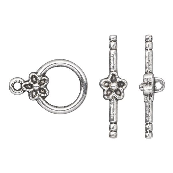 Clasp, toggle, antique silver-plated "pewter" (zinc-based alloy), 14mm single-sided round with flower. Sold per pkg of 10. image number 0