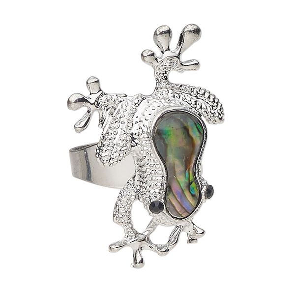 Ring 1pkg1 steel / paua shell / glass rhinestone, 34x23mm frog, natural silver finish / black image number 0