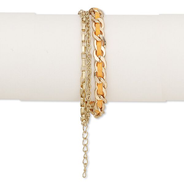 Bracelet, faux suede and gold-finished steel, orange, 7mm wide with woven design, 6-1/2 inches with 2-inch extender chain and lobster claw clasp. Sold individually. image number 0