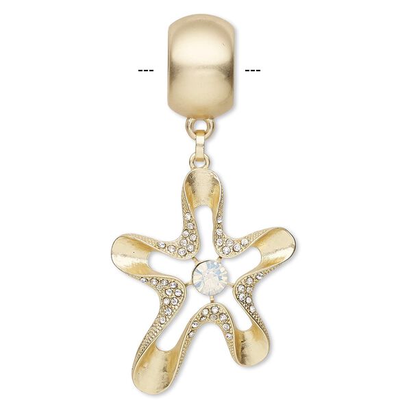 Pendant, scarf, glass rhinestone / gold-coated plastic / gold-finished "pewter" (zinc-based alloy), clear and opal, 3-1/4 inches with 51x42mm open flower and tube bail. Sold individually. image number 0