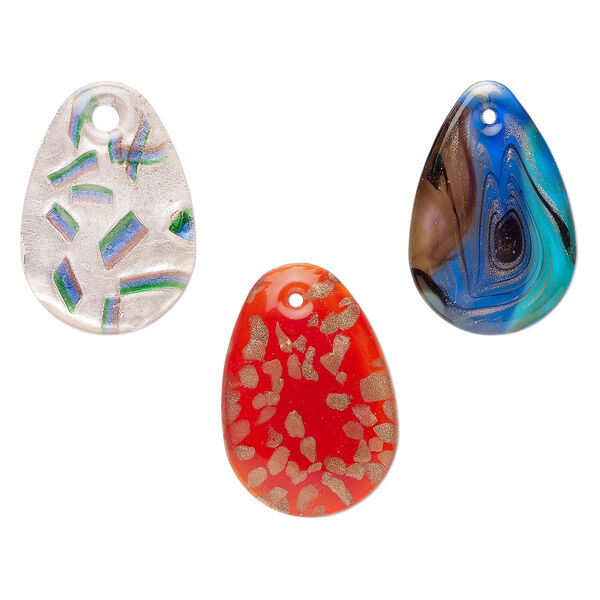 Random focal mix, lampworked glass, opaque mixed colors, 50x33mm-50x35mm domed teardrop with copper-colored glitter and silver-colored foil. Sold per pkg of 3. image number 0