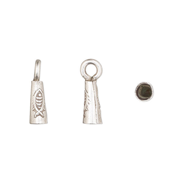 Cone, Hill Tribes, antiqued sterling silver, 11x5mm with fish design and loop, 3mm inside diameter. Sold individually. image number 0