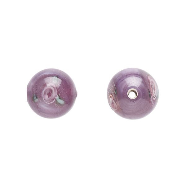 Bead, Czech lampworked glass, opaque purple / pink / green, 10-11mm round with flower design. Sold per pkg of 4. image number 0