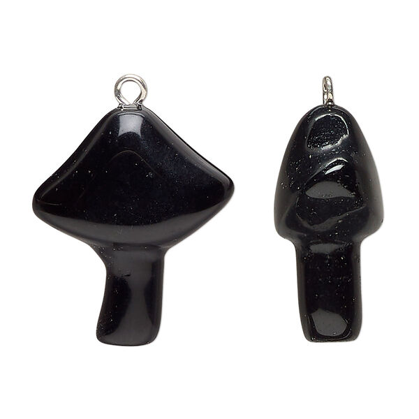 Black obsidian / brass 1pkg1, imitation rhodium-plated hand-carved mushroom drop natural B grade, 25x21.5mm image number 0