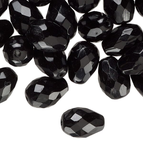 Bead, fire-polished, glass, opaque black, 13x10mm faceted teardrop. Sold per 4-ounce pkg, approximately 75 beads. image number 0