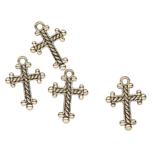 Drop, antique gold-finished "pewter" (zinc-based alloy), 18x15mm cross with beaded edge. Sold per pkg of 4. image number 0