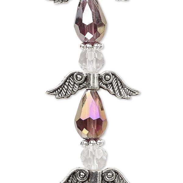 Bead, crystal and antique silver-plated "pewter" (zinc-based alloy), translucent medium purple AB and clear, 23mm angel. Sold per pkg of 4. image number 0