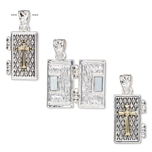 Drop, antique silver- and gold-finished "pewter" (zinc-based alloy), 27x15mm two-sided rectangle prayer box with cross and diamond design with magnetic closure. Sold individually. image number 0
