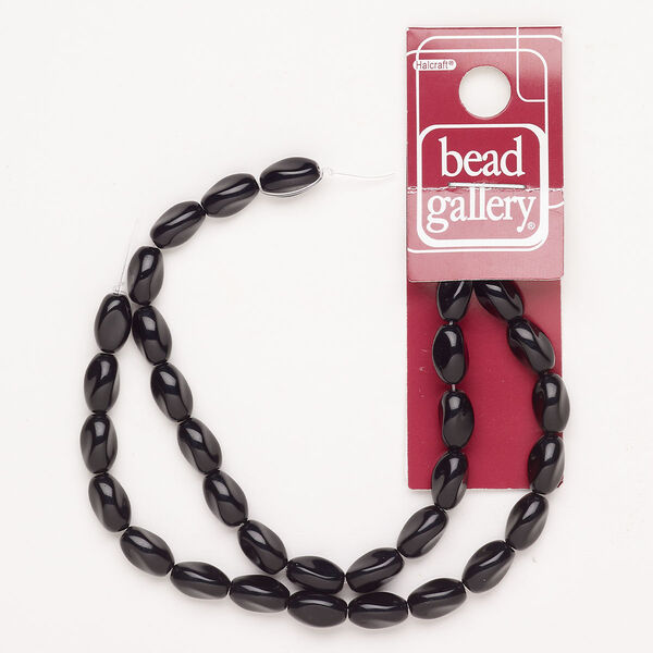 Bead glass 1pk 9x6mm-10x6mm twisted pinched oval, opaque black 12 inch image number 0