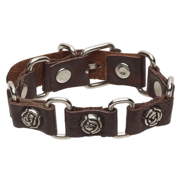 Bracelet, leather (dyed) / imitation rhodium-plated steel / antique silver-plated "pewter" (zinc-based alloy), brown, 22mm wide with 10mm rose, adjustable at 7 and 8 inches with buckle-style closure. Sold individually. image number 0