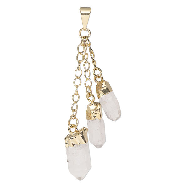 Pendant, Everyday Jewelry, gold-plated brass and quartz crystal (natural), (3) 49-51mm dangling points. Sold individually. image number 0