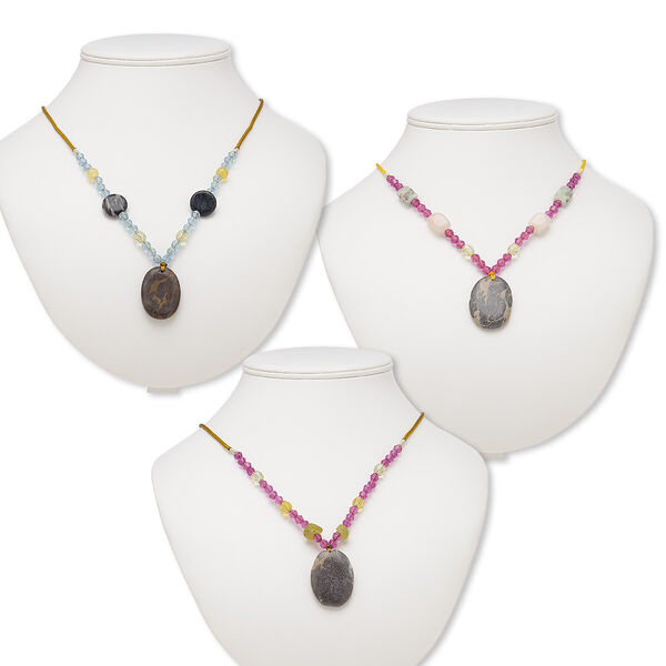 Multi-gemstone / acrylic / glass 1pkg3, oval pendant necklace mix continuous loop 20 inch 34x25mm-37x28mm image number 0